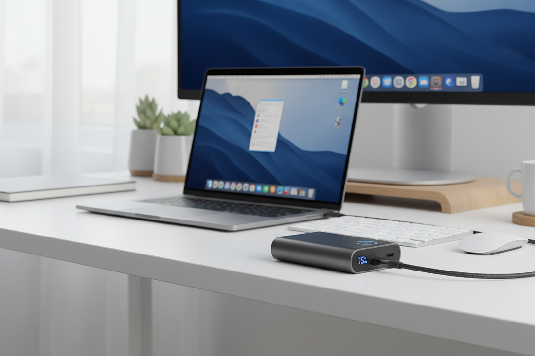 Une batterie externe et un pc portable